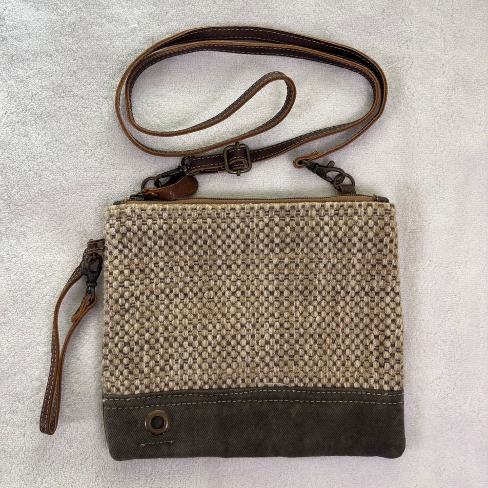 Myra Bag Crossbody Bag Womens Small Brown Woven Canvas Leather Boho Purse Almond